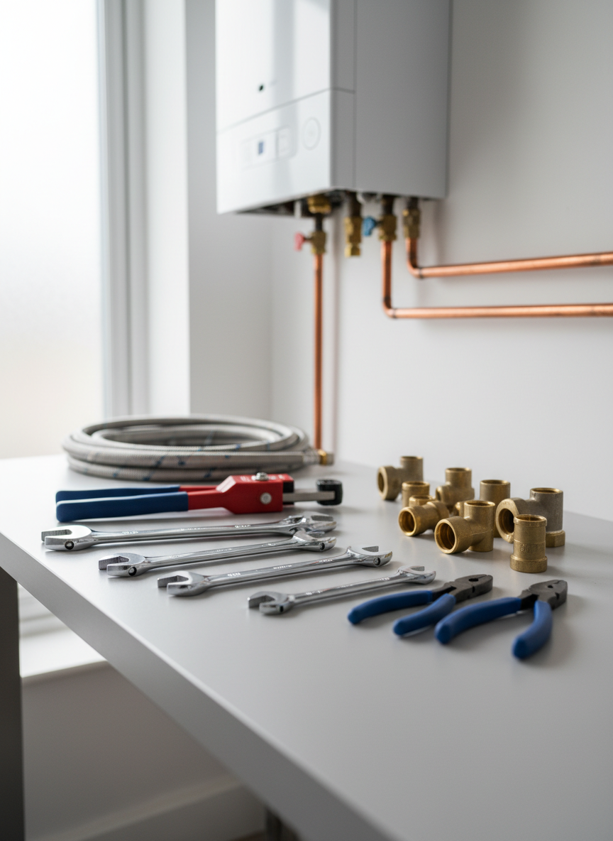 A neatly organized selection of modern plumbing tools laid out on a clean, light grey workbench in a bright, well-maintained utility room. Chrome wrenches, a red pipe cutter, blue-handled pliers, brass fittings, and neatly coiled flexible hoses form a confident, professional arrangement. In the background, slightly out of focus, gleaming copper pipes and a white combi boiler are mounted on a freshly painted wall. Soft, diffused daylight from a high window casts gentle, natural shadows, emphasizing clean surfaces and order. Photographic realism, eye-level composition with sharp focus throughout, conveying reliability, precision, and trustworthy property maintenance services.