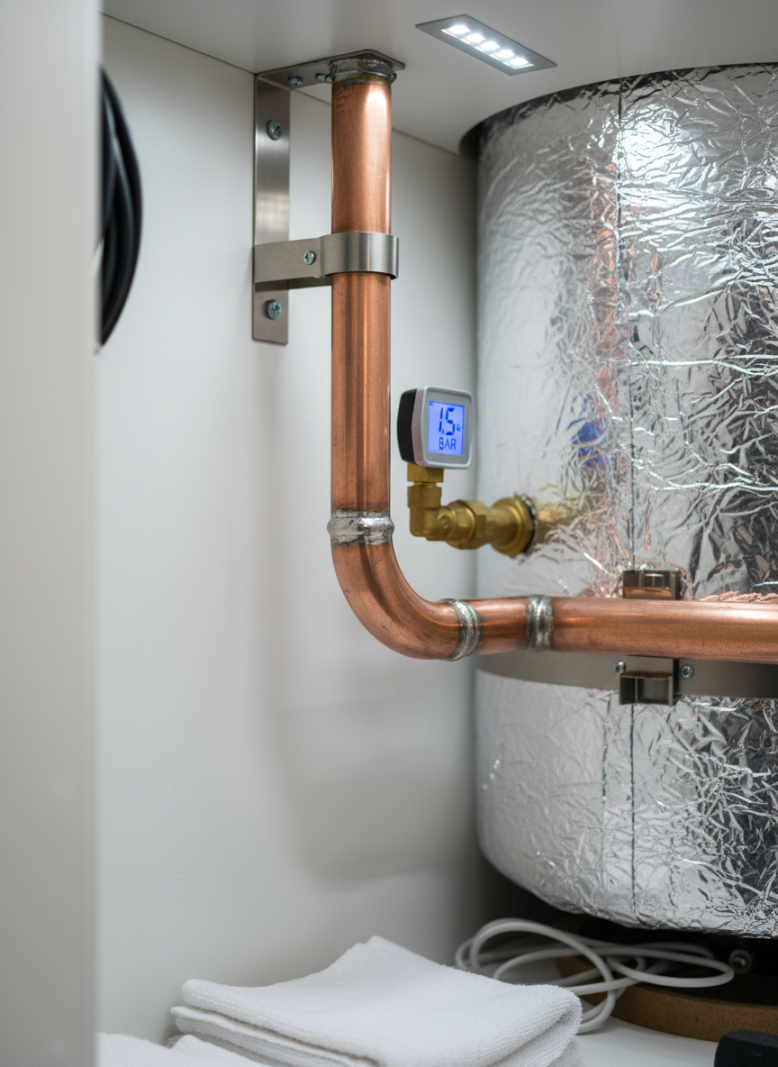 A close-up of a freshly repaired section of copper pipework in a tidy domestic airing cupboard, the new joints shining with flawless soldering. The pipes are securely clipped to a clean white backing board, leading neatly into an insulated hot water cylinder wrapped in silver foil lagging. A digital pressure gauge glows softly on a nearby valve, indicating optimal system performance. Overhead LED workshop lighting casts crisp, clear illumination, highlighting the craftsmanship and orderly layout. Photographic realism, shot from a side-on, eye-level perspective with moderate depth of field, creating a calm, professional atmosphere that reflects reliable plumbing and maintenance expertise.
