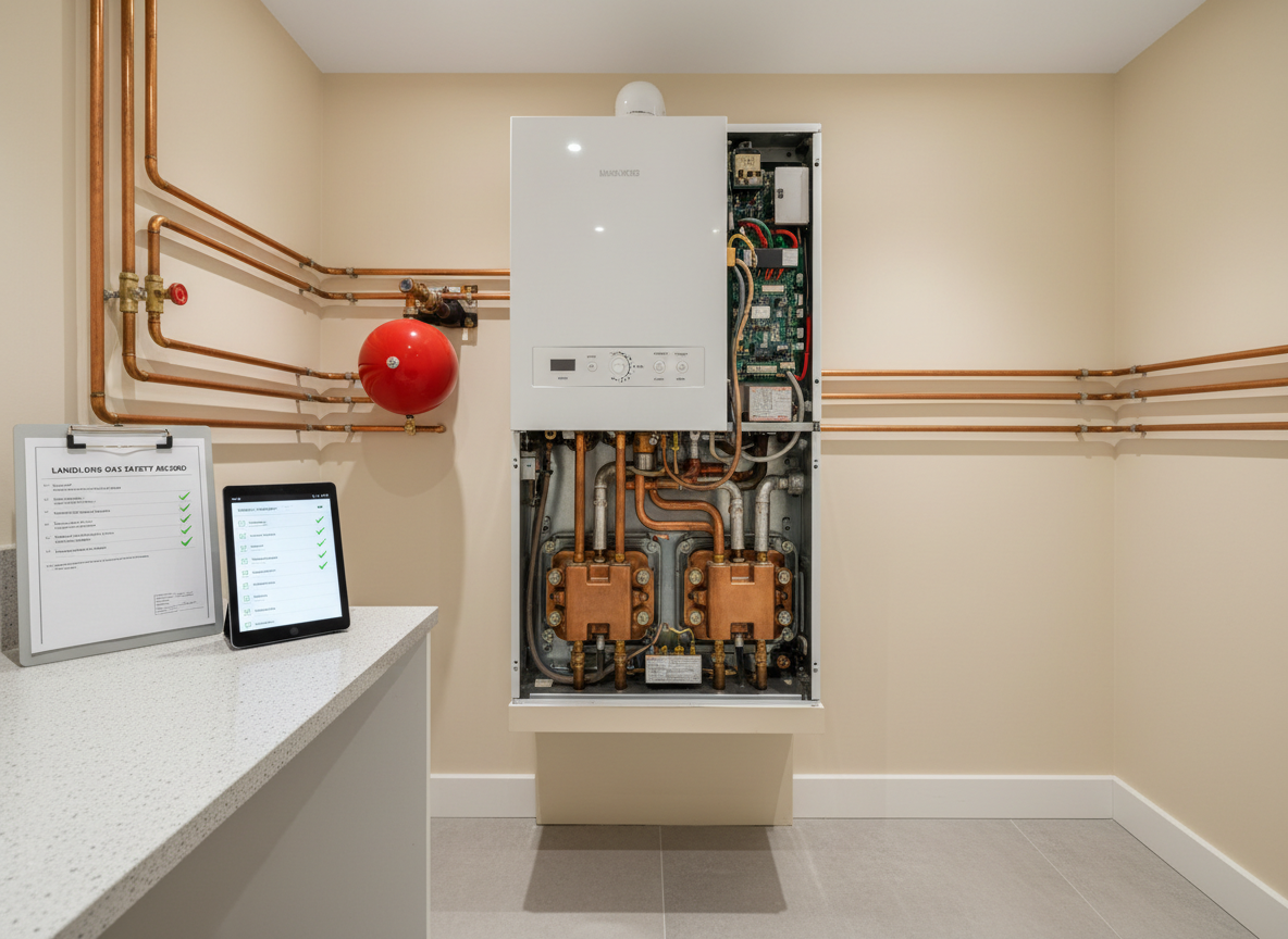 A modern white boiler in a tidy utility room.