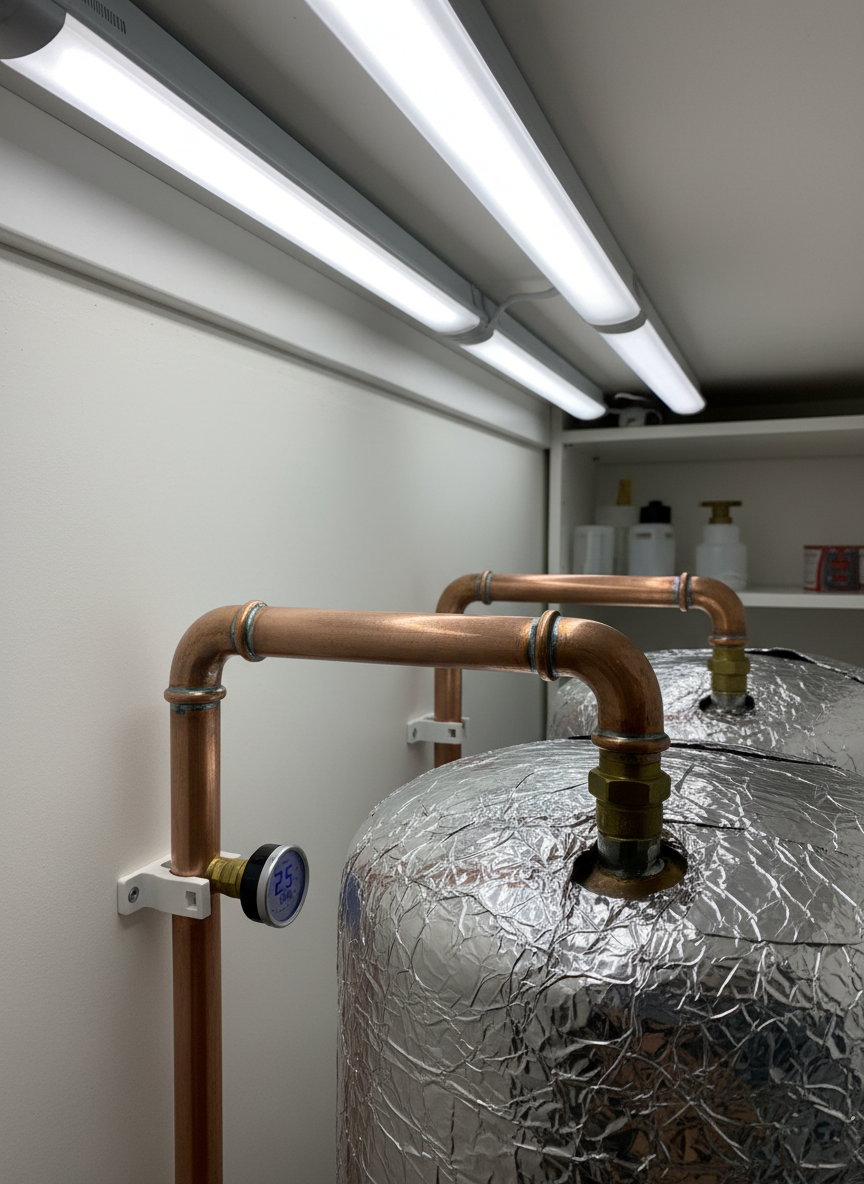 A close-up of a freshly repaired section of copper pipework in a tidy domestic airing cupboard, the new joints shining with flawless soldering. The pipes are securely clipped to a clean white backing board, leading neatly into an insulated hot water cylinder wrapped in silver foil lagging. A digital pressure gauge glows softly on a nearby valve, indicating optimal system performance. Overhead LED workshop lighting casts crisp, clear illumination, highlighting the craftsmanship and orderly layout. Photographic realism, shot from a side-on, eye-level perspective with moderate depth of field, creating a calm, professional atmosphere that reflects reliable plumbing and maintenance expertise.