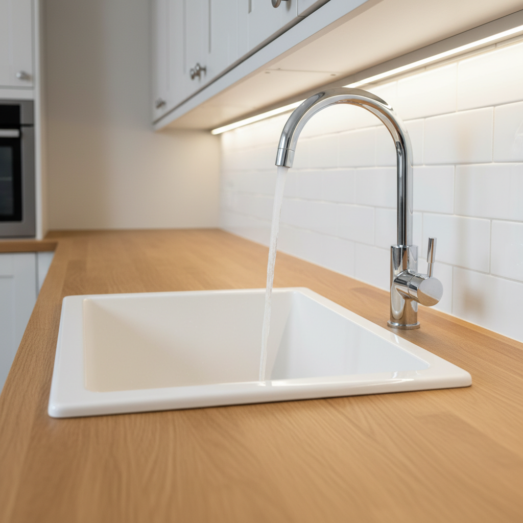 A pristine, newly installed white kitchen sink with a high-arched chrome mixer tap, water flowing in a smooth clear stream into the basin, captured mid-action. The sink is set into a solid oak countertop with a subtle satin finish, surrounded by fresh white subway tiles with clean grout lines. Under-cabinet LED lighting creates a bright, even illumination, making the chrome and ceramic surfaces gleam while soft shadows add depth. Photographic realism with a slightly elevated angle and shallow depth of field, the background cabinets and appliances gently blurred. The mood is professional, hygienic, and reassuring, ideal for showcasing expert plumbing installation work.