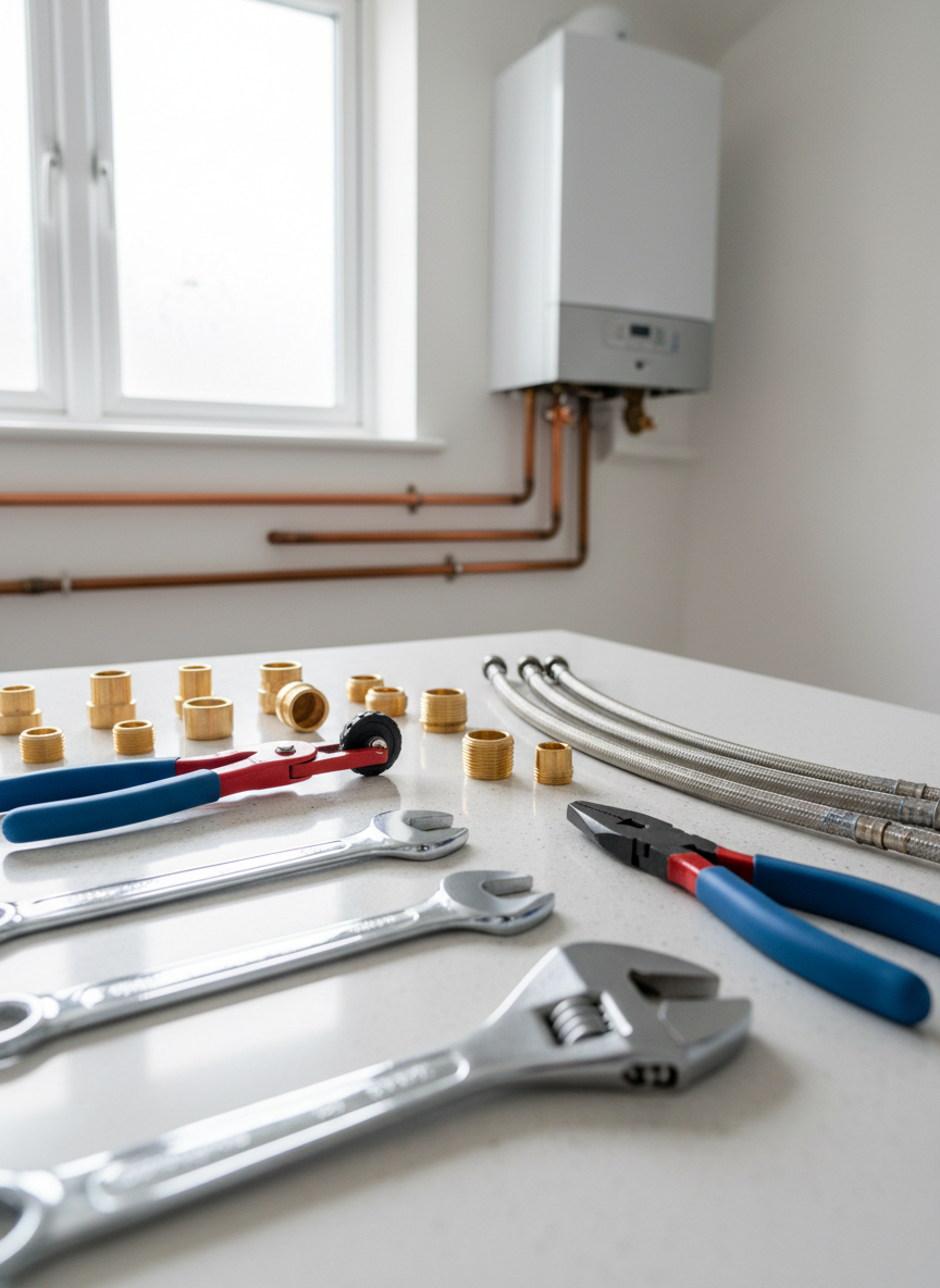 A neatly organized selection of modern plumbing tools laid out on a clean, light grey workbench in a bright, well-maintained utility room. Chrome wrenches, a red pipe cutter, blue-handled pliers, brass fittings, and neatly coiled flexible hoses form a confident, professional arrangement. In the background, slightly out of focus, gleaming copper pipes and a white combi boiler are mounted on a freshly painted wall. Soft, diffused daylight from a high window casts gentle, natural shadows, emphasizing clean surfaces and order. Photographic realism, eye-level composition with sharp focus throughout, conveying reliability, precision, and trustworthy property maintenance services.