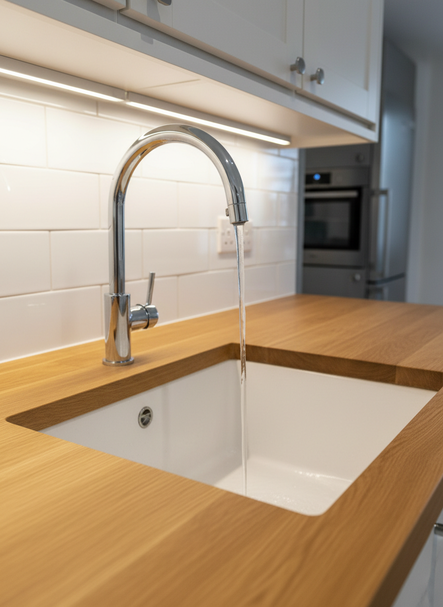 A pristine, newly installed white kitchen sink with a high-arched chrome mixer tap, water flowing in a smooth clear stream into the basin, captured mid-action. The sink is set into a solid oak countertop with a subtle satin finish, surrounded by fresh white subway tiles with clean grout lines. Under-cabinet LED lighting creates a bright, even illumination, making the chrome and ceramic surfaces gleam while soft shadows add depth. Photographic realism with a slightly elevated angle and shallow depth of field, the background cabinets and appliances gently blurred. The mood is professional, hygienic, and reassuring, ideal for showcasing expert plumbing installation work.
